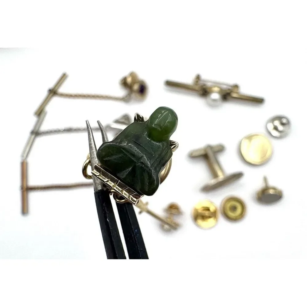 Lot of Vintage Tie Tacks Pins Jade Buddah Gold Tone Roman Coin Amethyst Pearl